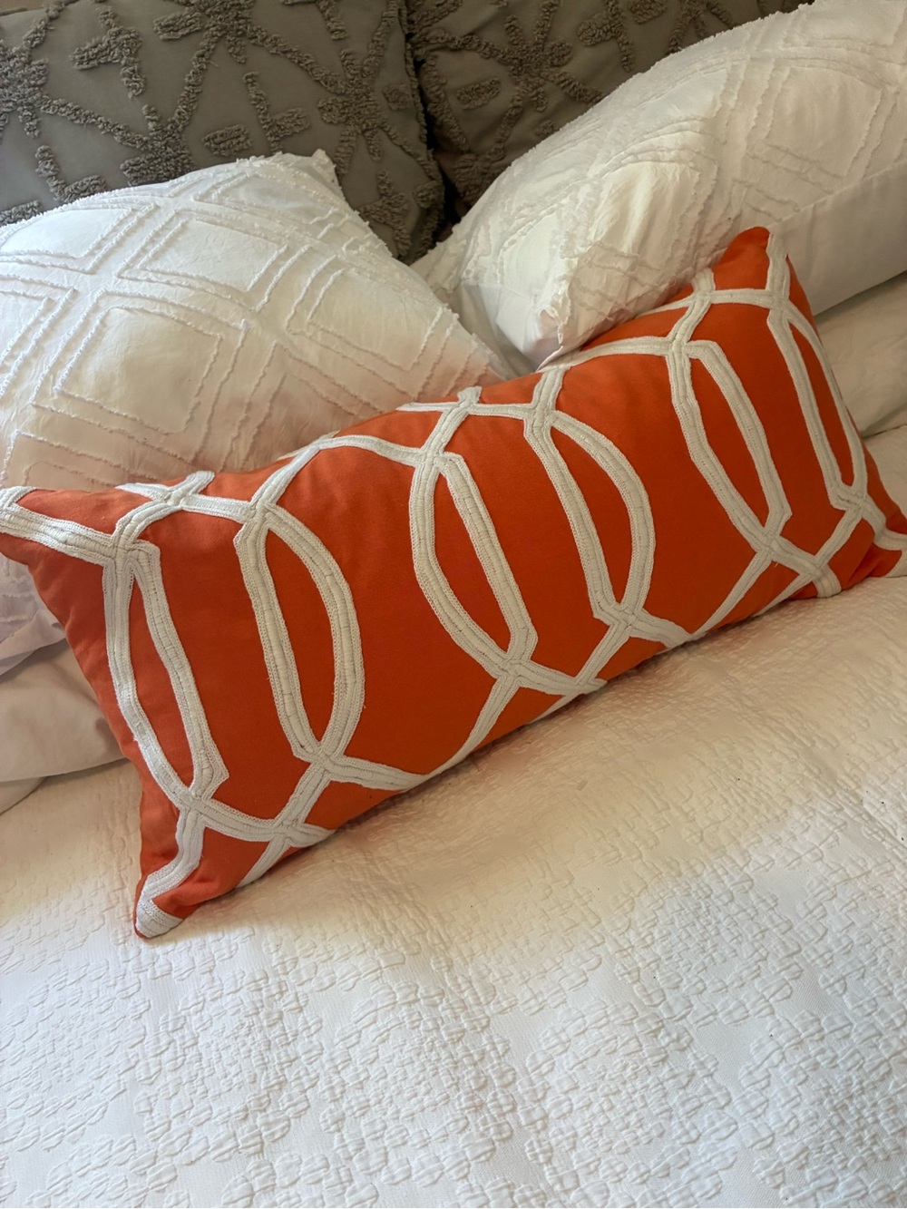 POTTERY BARN Decorative Lumbar Pillow with White Geometric Embroidery 12” x 24”